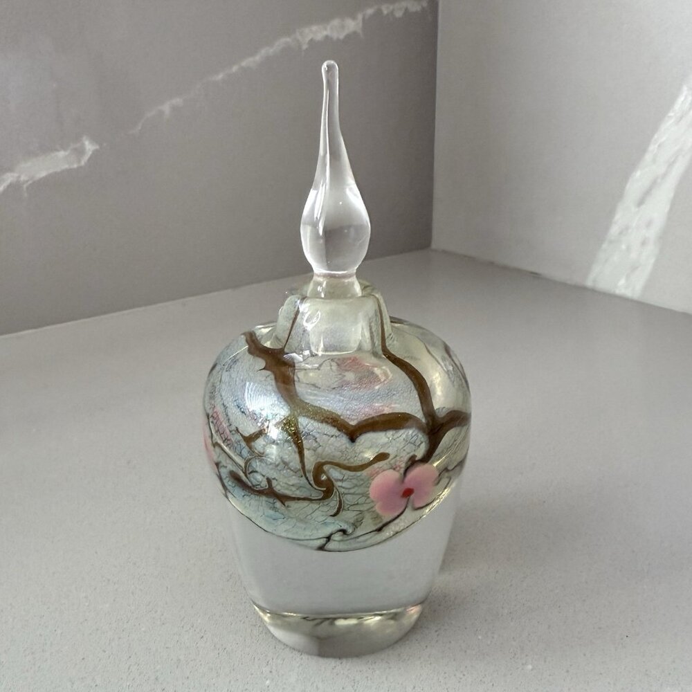 Vandermark Art Glass Alexandrite Perfume Bottle With Flowers Vintage Etched Sign